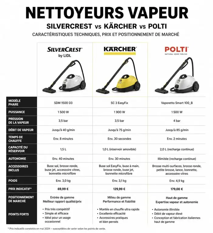 Comparatif nettoyeur vapeur Silvercrest Lidl vs Kärcher et Polti