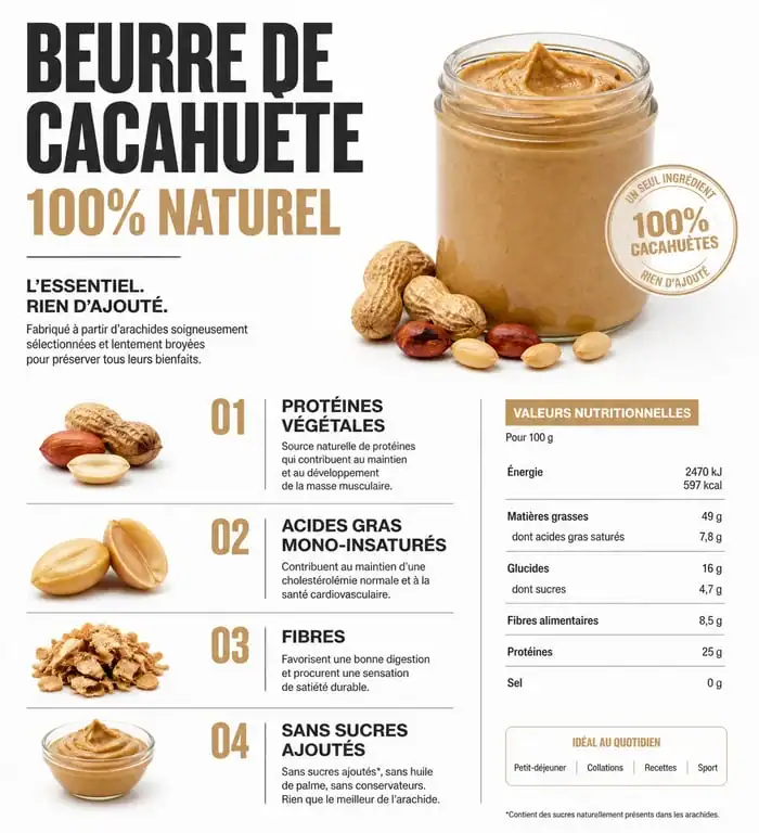 Infographie des bienfaits nutritionnels du beurre de cacahuète sans sucre