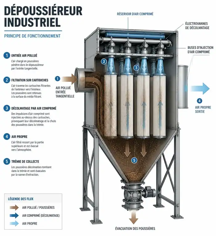 Schéma technique de fonctionnement d'un dépoussiéreur industriel