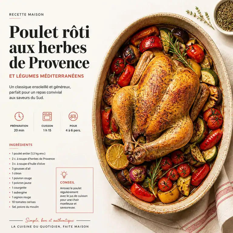Poulet rôti aux herbes de Provence et légumes du soleil dans un plat