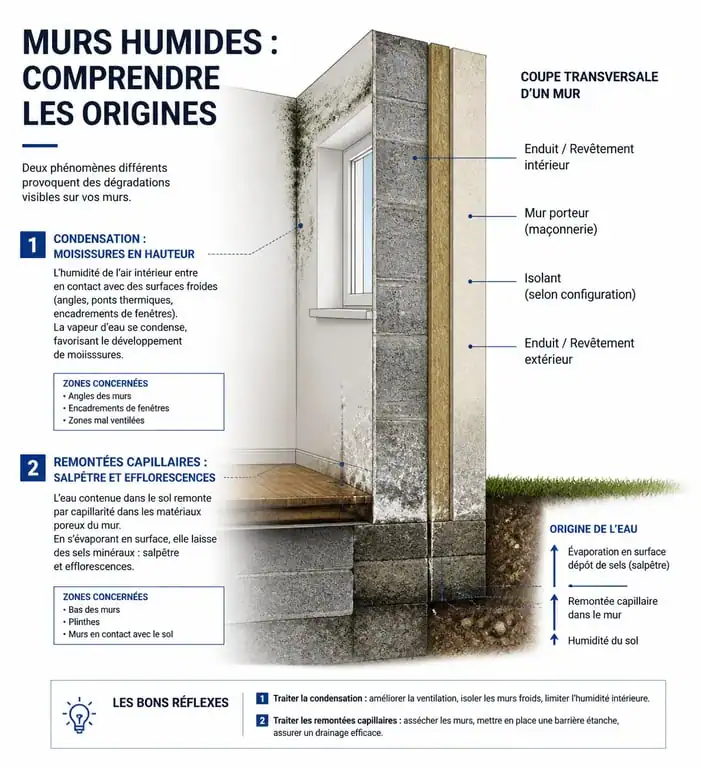 Schéma explicatif des causes d'humidité sur un mur : condensation en haut et remontées capillaires en bas