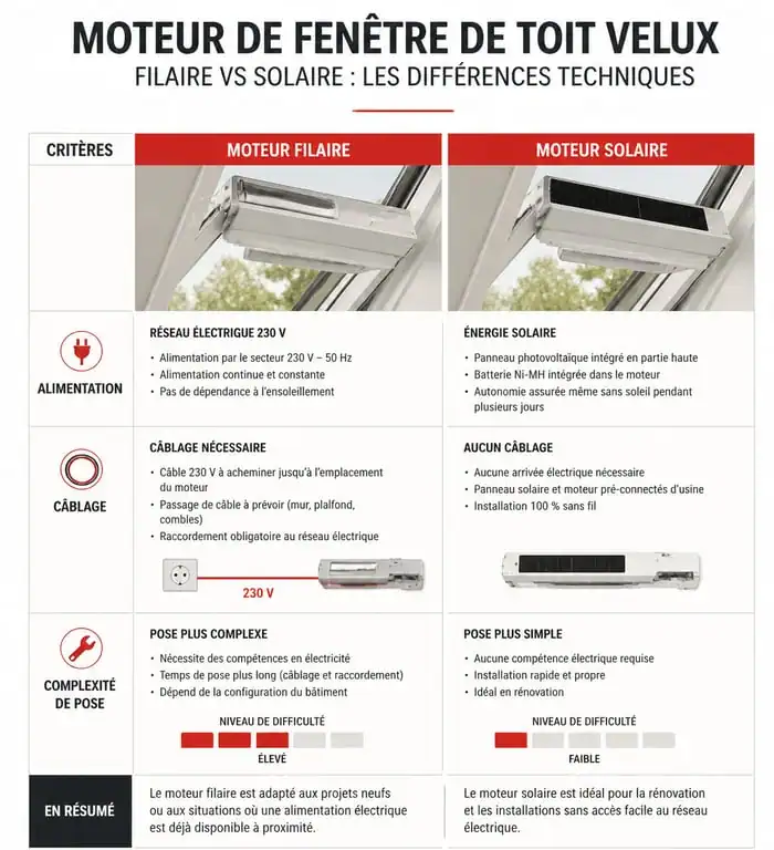 Comparatif moteur électrique pour Velux filaire vs solaire