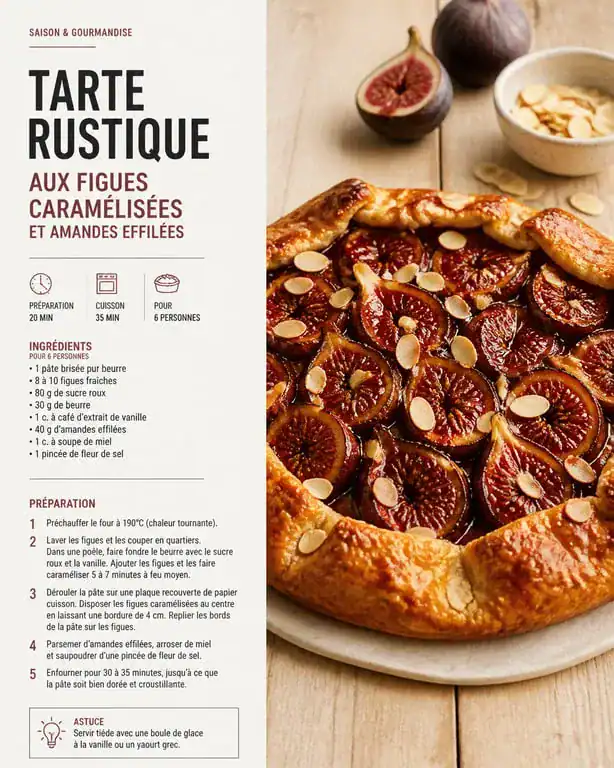 Tarte rustique aux figues congelées et amandes sur une table en bois