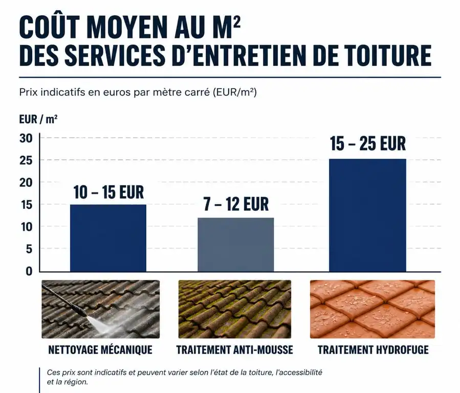 Graphique des prix moyens au m² pour un exemple de devis de démoussage de toiture