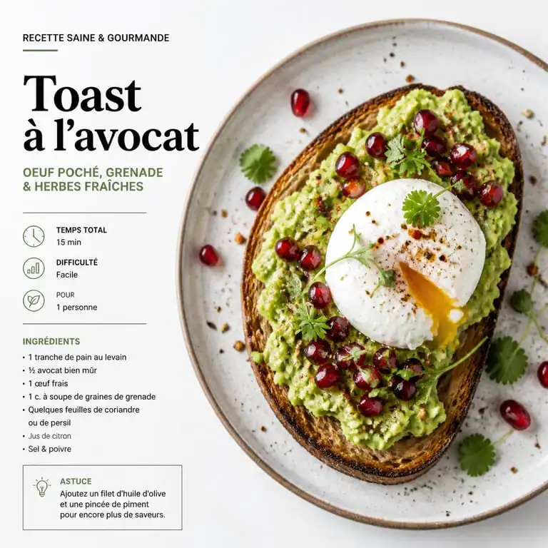 Recette toast avocat gourmand avec œuf poché et grenade