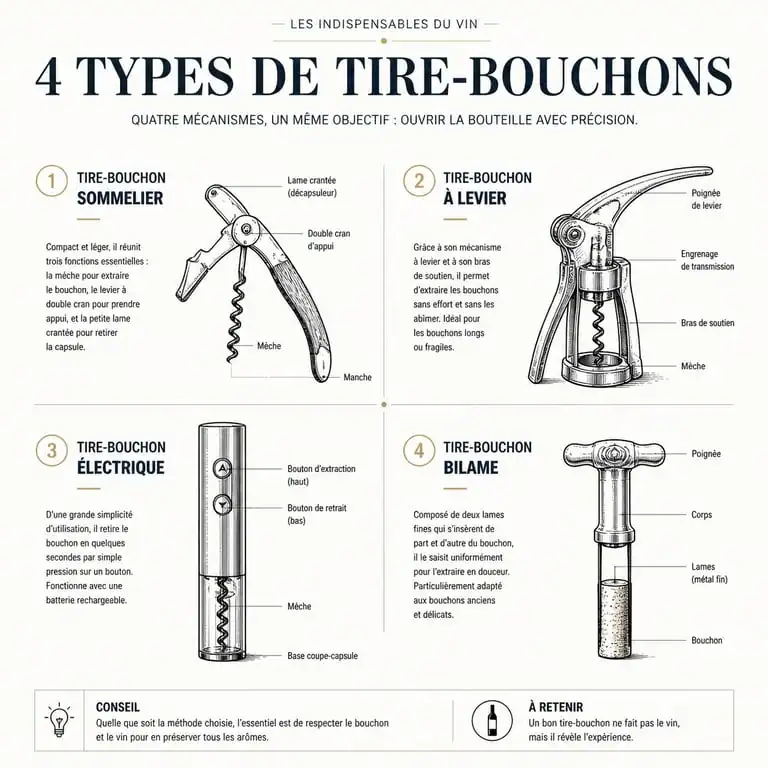 Schéma explicatif des différents types de tire-bouchons : sommelier, levier, électrique et bilame pour ouvrir une bouteille de vin.