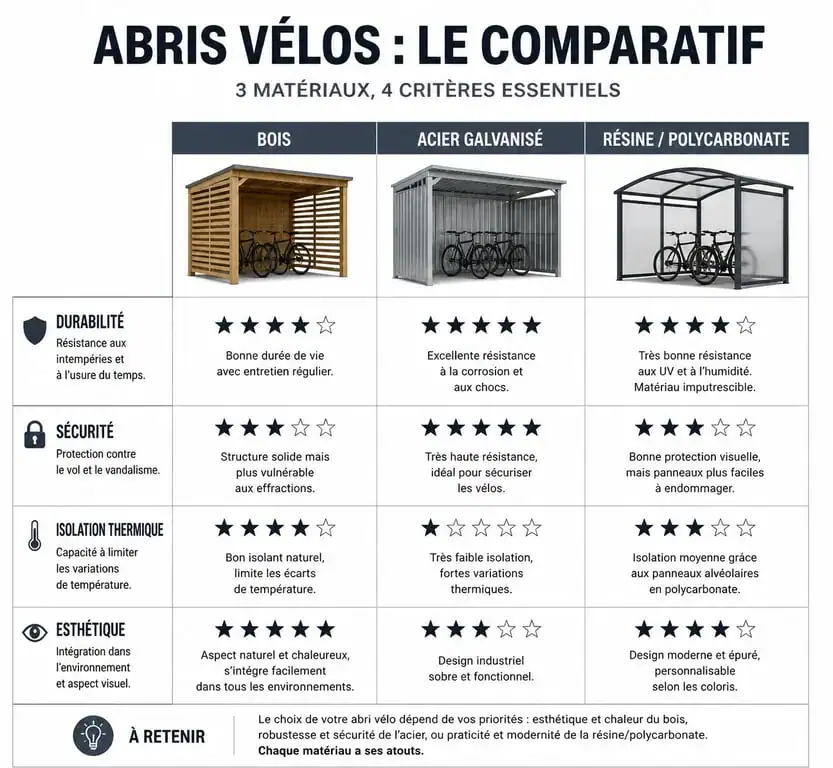 Comparatif des matériaux pour abris vélos : bois, acier galvanisé et résine