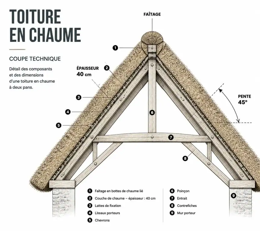 Schéma technique d'une toiture en chaume avec ses caractéristiques de pose