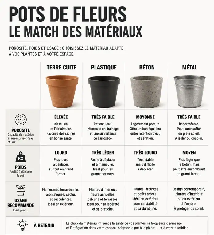 Comparatif des matériaux pour pot de fleurs : terre cuite, plastique, béton et métal