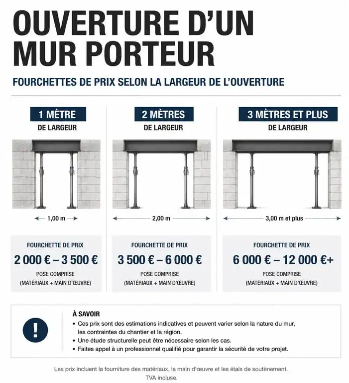 Infographie des prix pour l'ouverture d'un mur porteur avec pose d'une poutre IPN selon la largeur de l'ouverture
