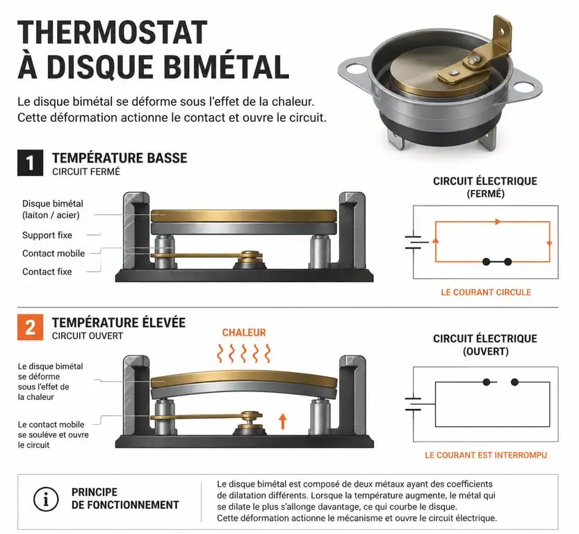Schéma de fonctionnement d'un thermostat bimétal 150 degrés pour appareil électrique