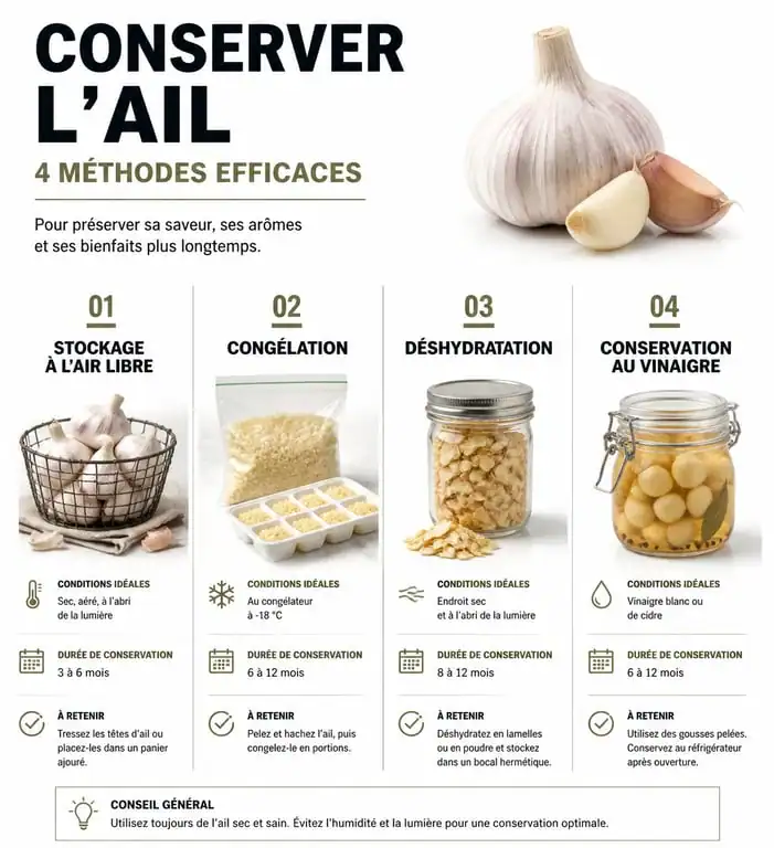 Infographie récapitulative des méthodes de conservation de l'ail pour éviter le gaspillage