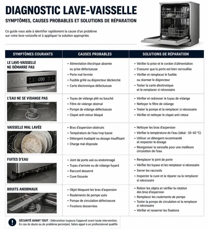 Infographie de diagnostic des pannes de lave-vaisselle : symptômes, causes et solutions