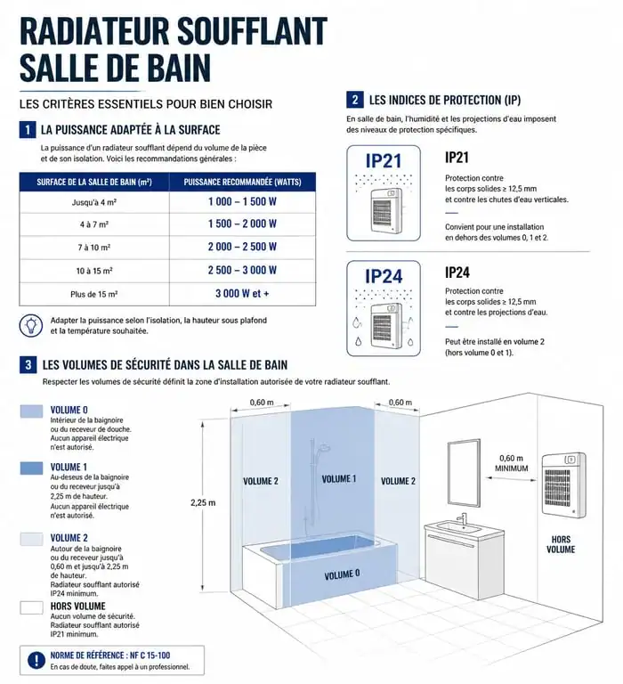 Infographie comparative des critères de choix pour le meilleur radiateur soufflant de salle de bain : puissance, sécurité IP et volumes d'installation.