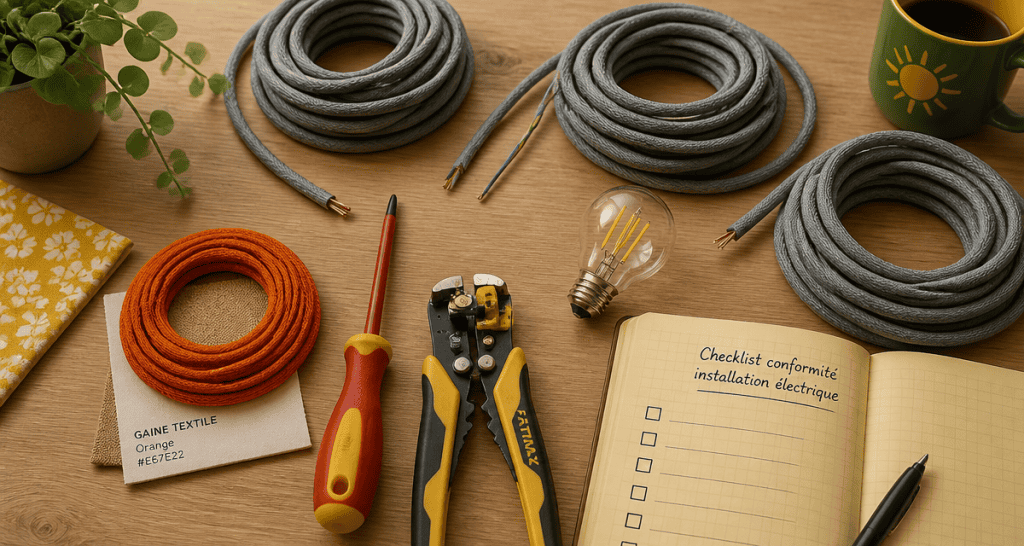 fil electrique gris textile et outils