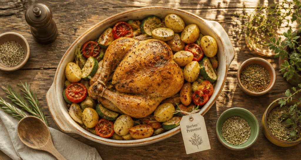 herbes de provence sur poulet rôti et légumes