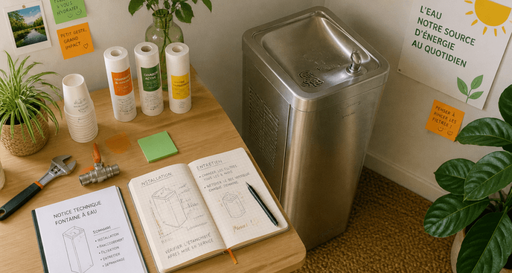 Installation fontaine à eau avec outils sur table