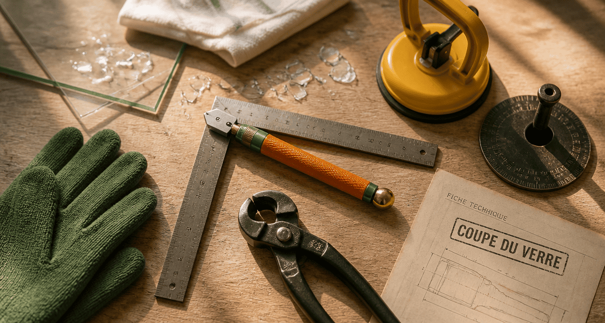 Outil à couper le verre, accessoires et éclats sur plan de travail