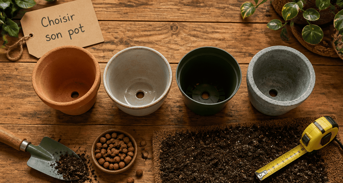 pot de fleurs différents diamètres et matériaux sur plan de travail