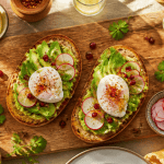 recettes toast avocat sur planche avec œuf et grenade