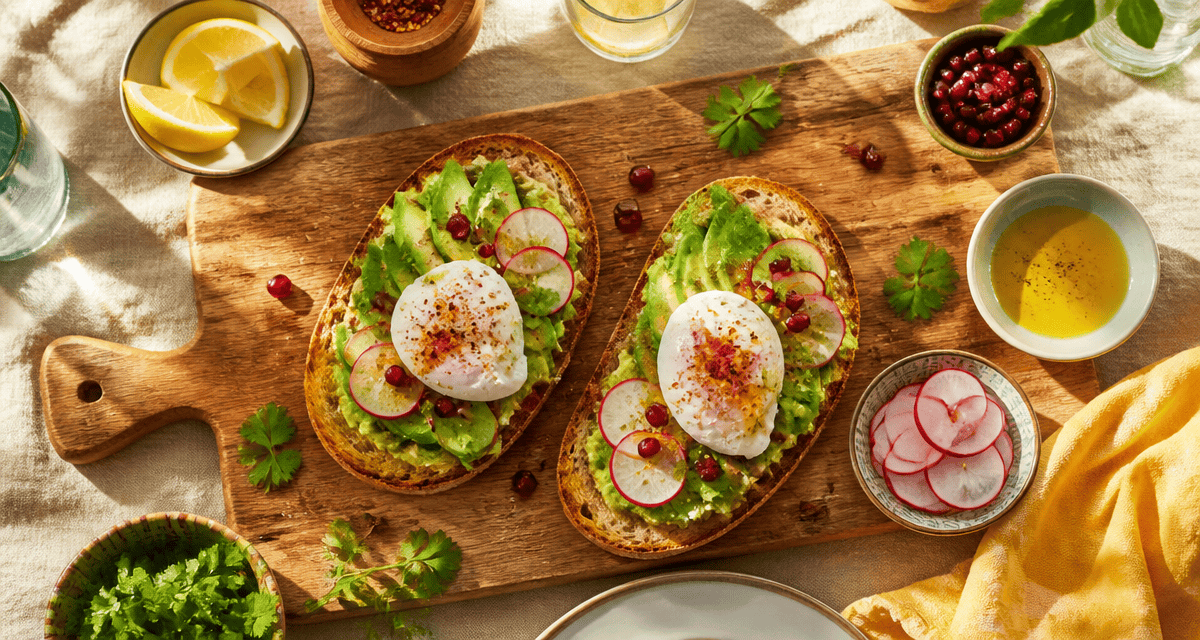 recettes toast avocat sur planche avec œuf et grenade