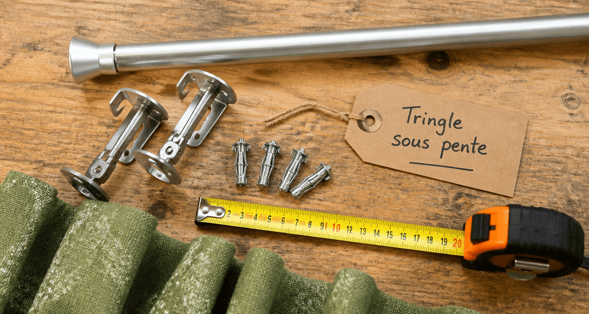 Tringle rideau sous pente supports et outils sur plan de travail