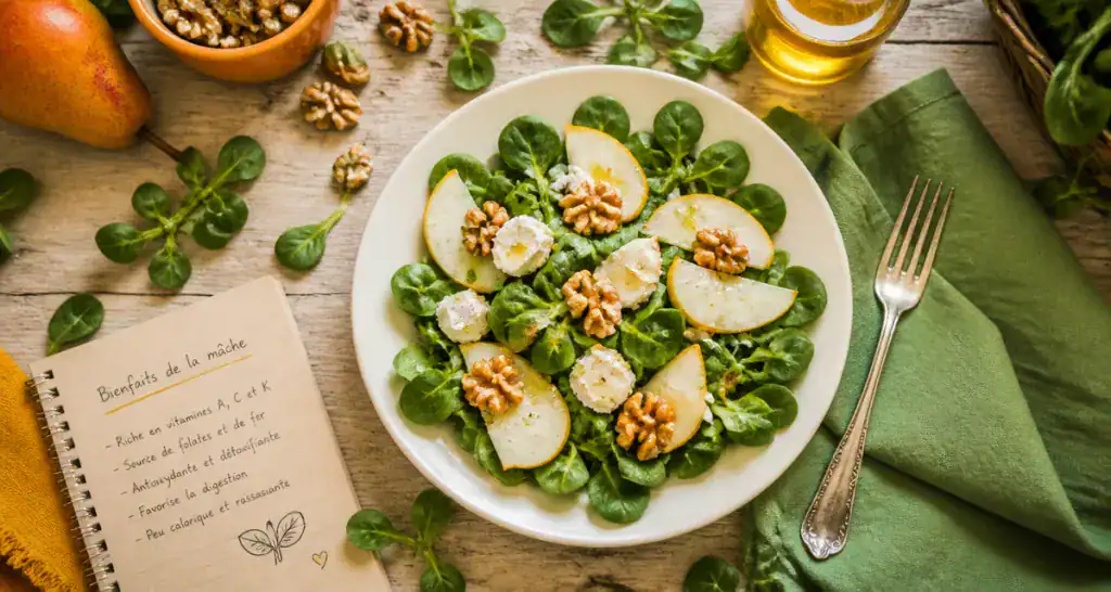Bienfait de la mache salade poire noix chèvre