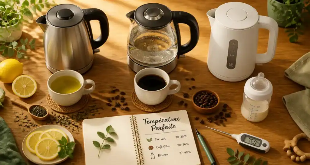 Bouilloire choix température sur plan de travail avec infusions et cafés