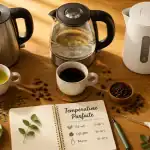Bouilloire choix température sur plan de travail avec infusions et cafés