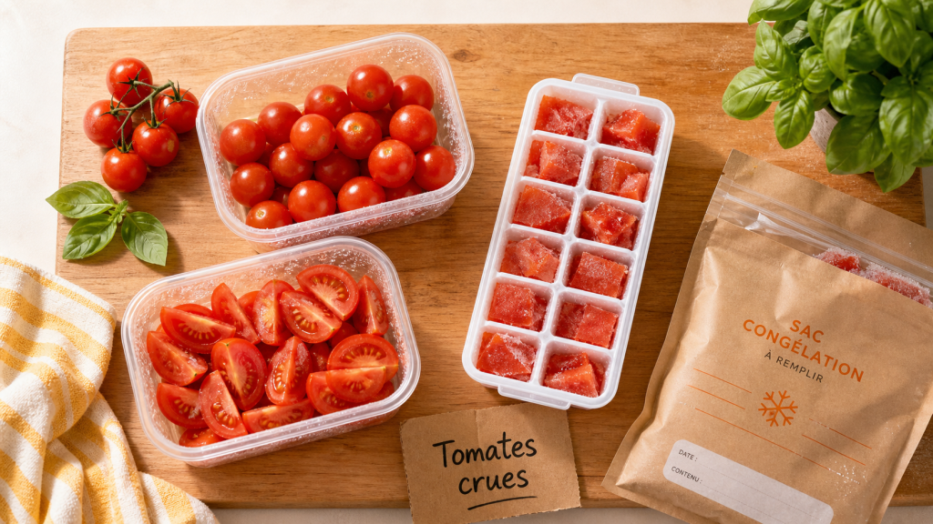 Congélation tomate crue : tomates en cubes prêts au congélateur