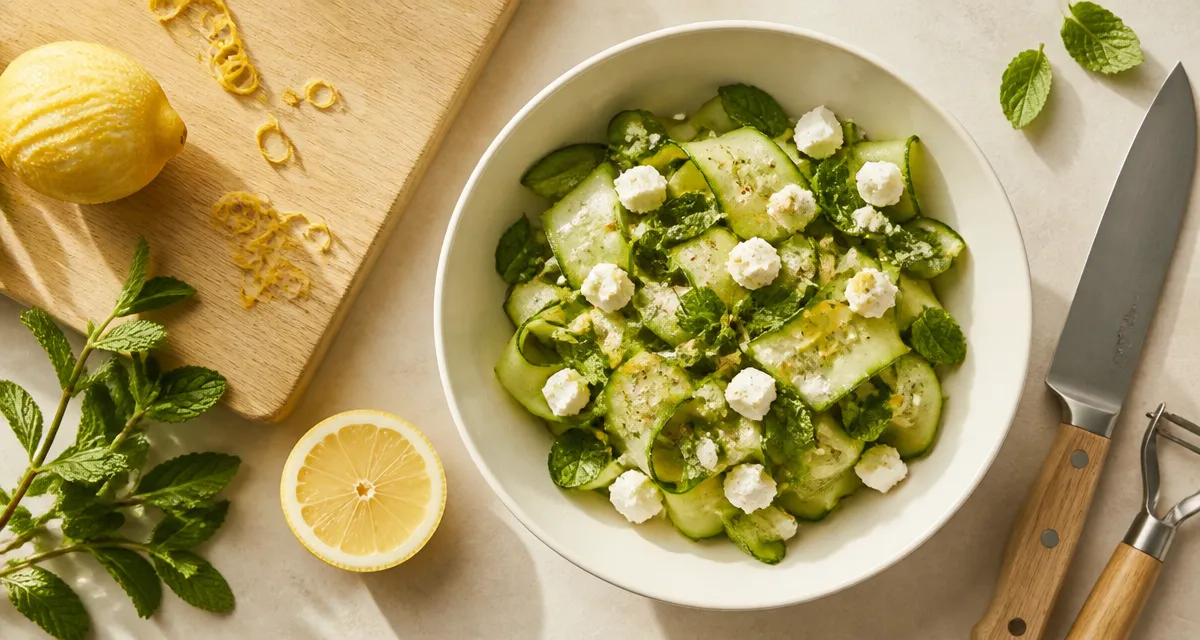 Courgette concombre, rubans assaisonnés menthe citron et feta