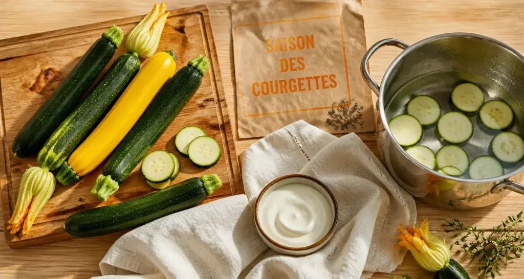 Courgettes saison sur table en bois : variétés et fleurs