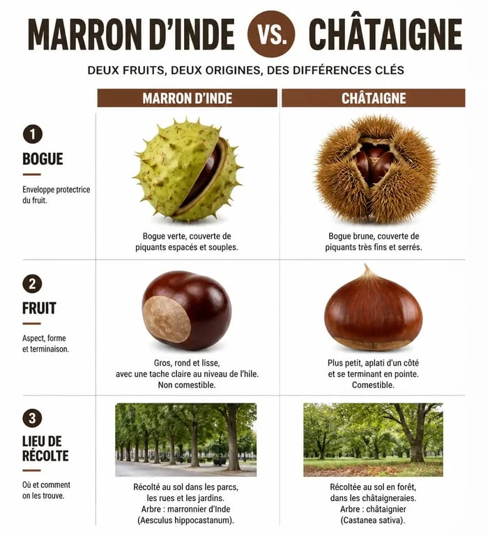 Comparaison visuelle entre marron d'Inde toxique et châtaigne comestible pour éviter les erreurs de récolte