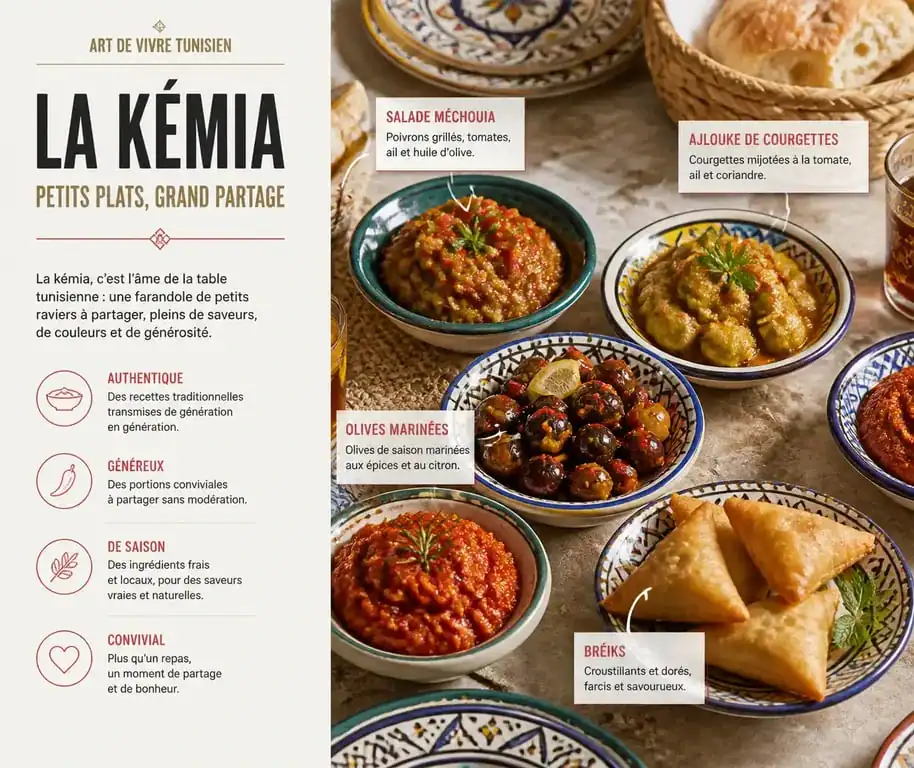 Assortiment de kémia tunisienne dans des raviers traditionnels sur une table