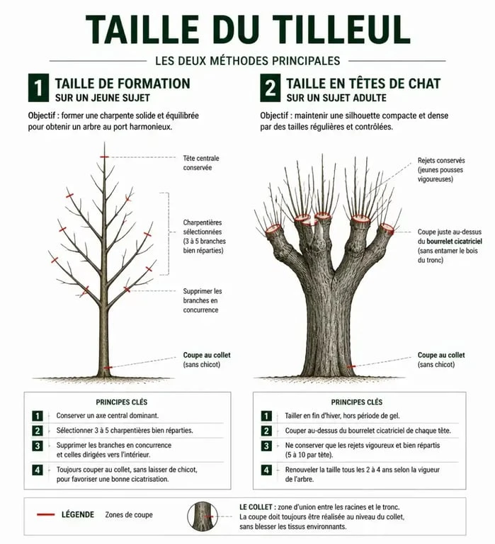 Schéma explicatif des techniques de taille des tilleuls pour un jardinier