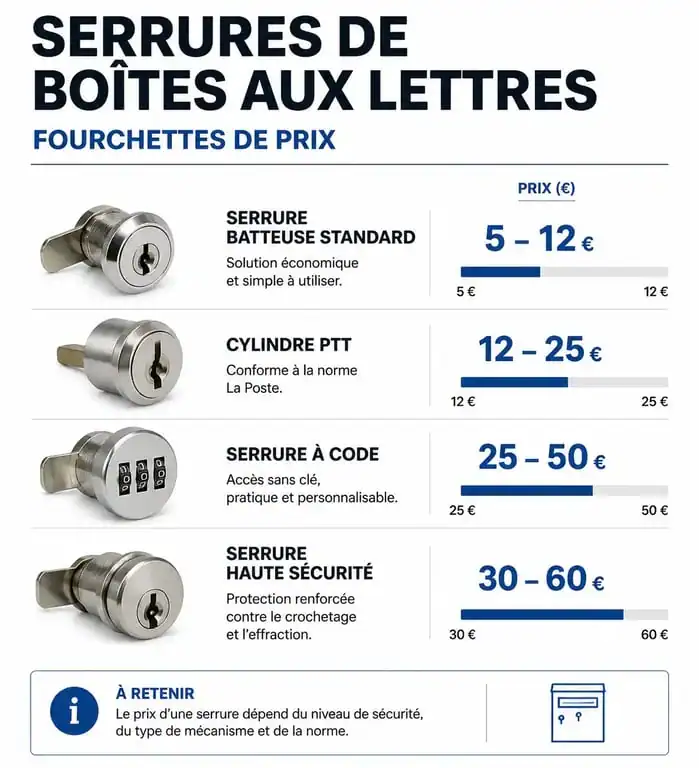 Infographie comparative des prix des différentes serrures de boîte aux lettres selon le modèle et le niveau de sécurité.