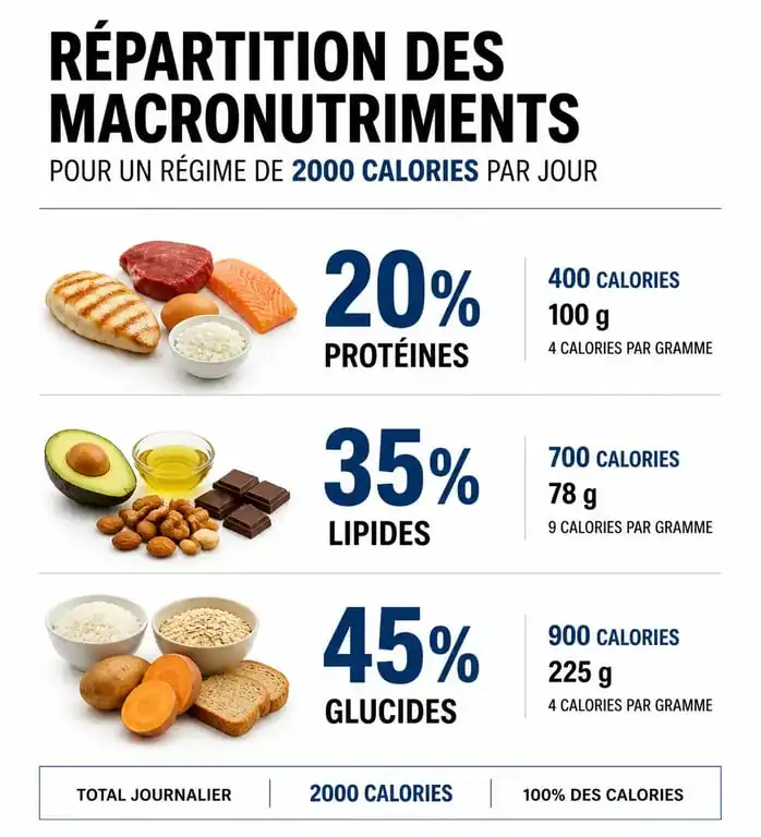 Répartition idéale des macronutriments pour un apport de 2000 calories par jour