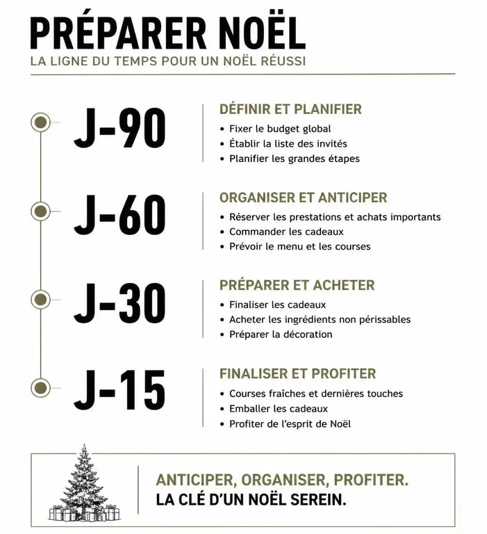 Infographie du calendrier de préparation de Noël : combien de jours avant Noël pour organiser ses cadeaux et décorations