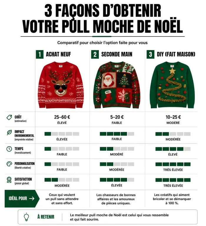 Infographie comparative des options pour la journée pull moche de Noël 2024 : neuf, seconde main ou DIY.