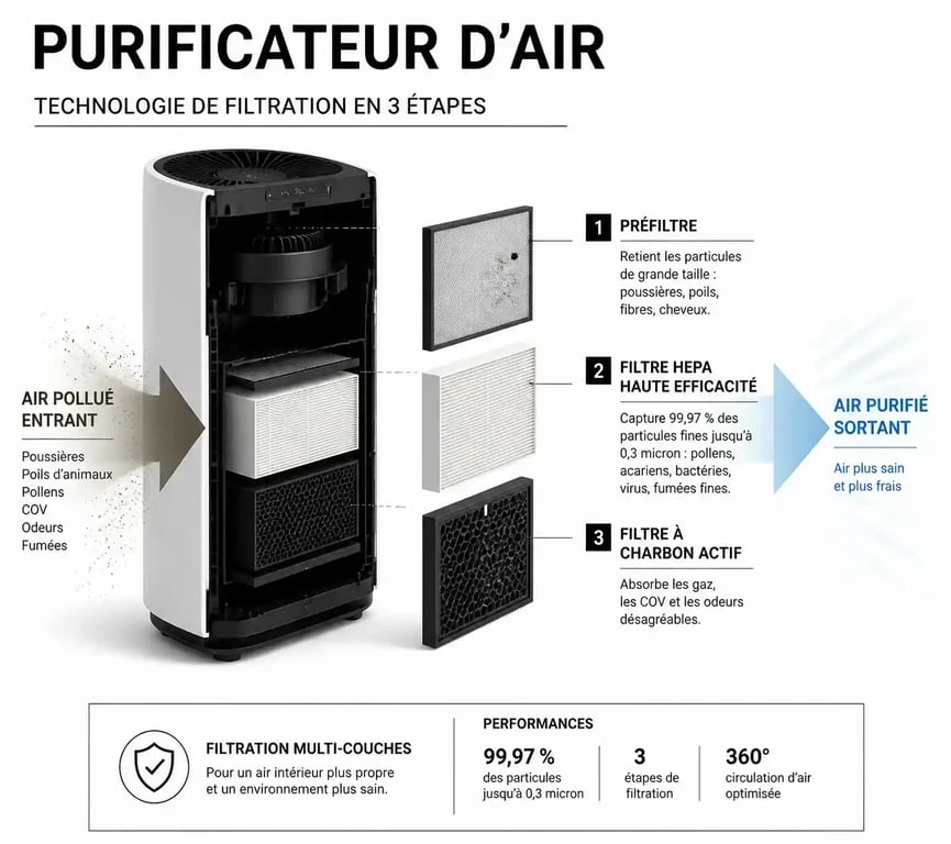 Schéma de fonctionnement d'un purificateur d'air avec filtration HEPA et charbon actif pour éliminer les polluants.