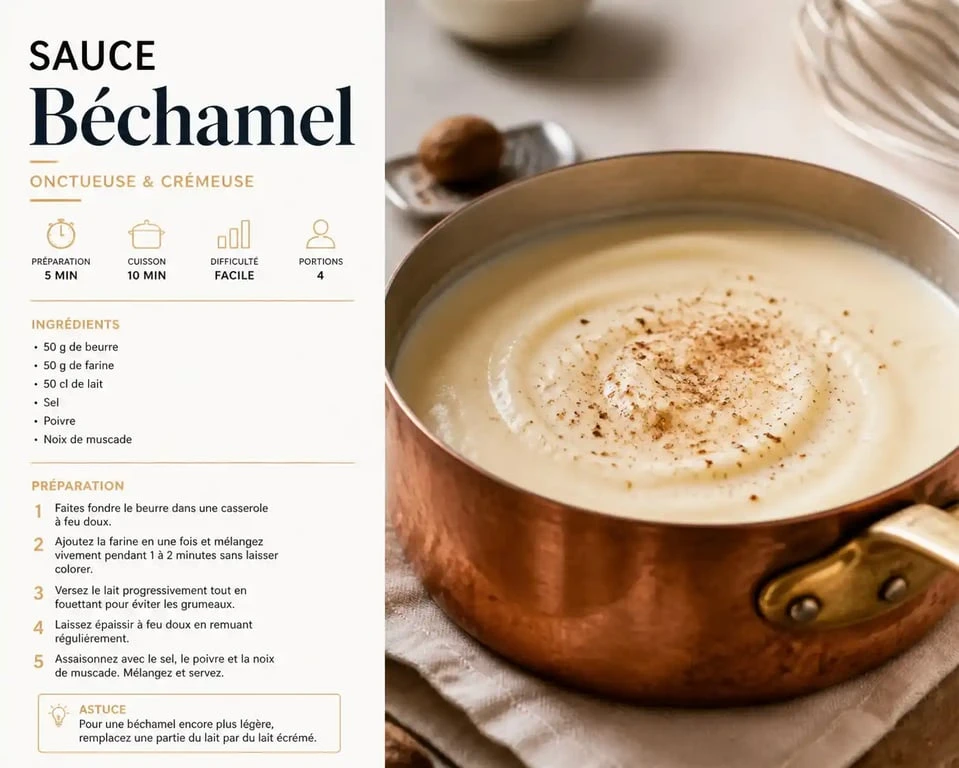 Sauce béchamel onctueuse préparée avec des substituts de muscade, idéale pour remplacer la muscade dans vos recettes.