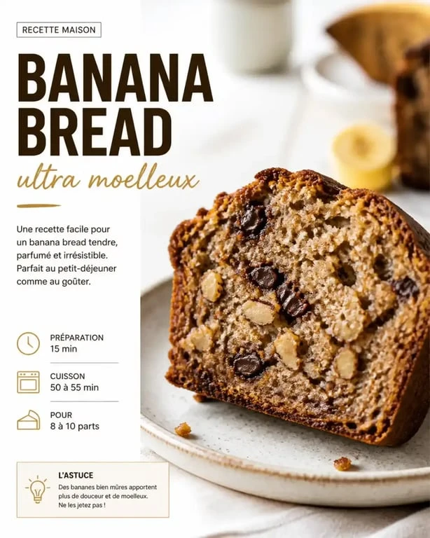 Banana bread ultra moelleux fait maison avec pépites de chocolat et noix