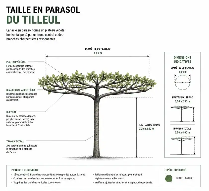 Schéma explicatif de la taille d'un tilleul en parasol