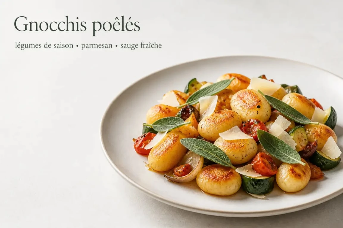 Assiette de gnocchis poêlés avec accompagnement de légumes et parmesan