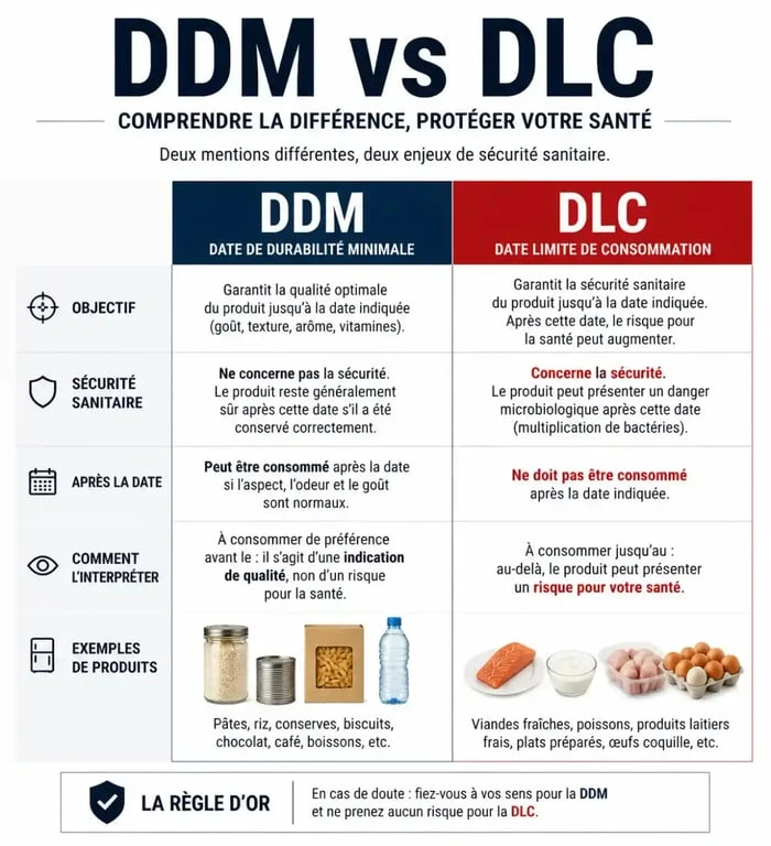 Infographie explicative sur la différence entre DDM et DLC pour la consommation alimentaire