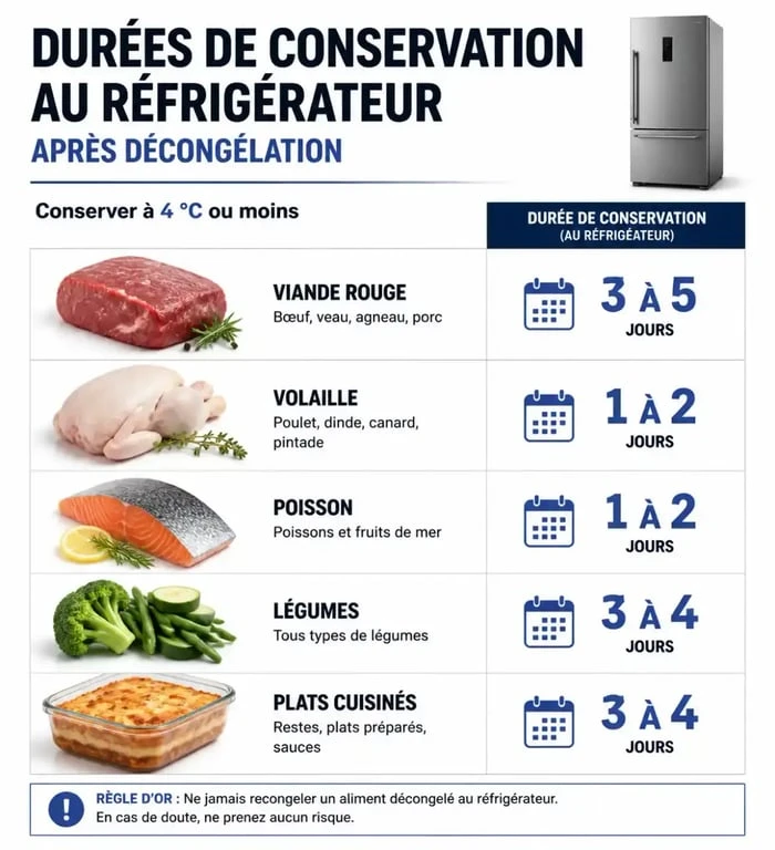 Infographie des durées de conservation au réfrigérateur pour un produit décongelé