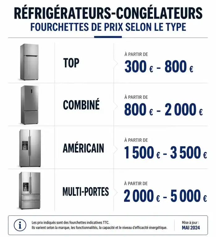 Infographie des prix d'un frigo congélateur selon le modèle et la capacité