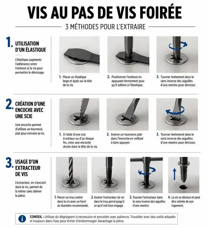 Schéma technique des méthodes pour extraire une vis au pas de vis foiré