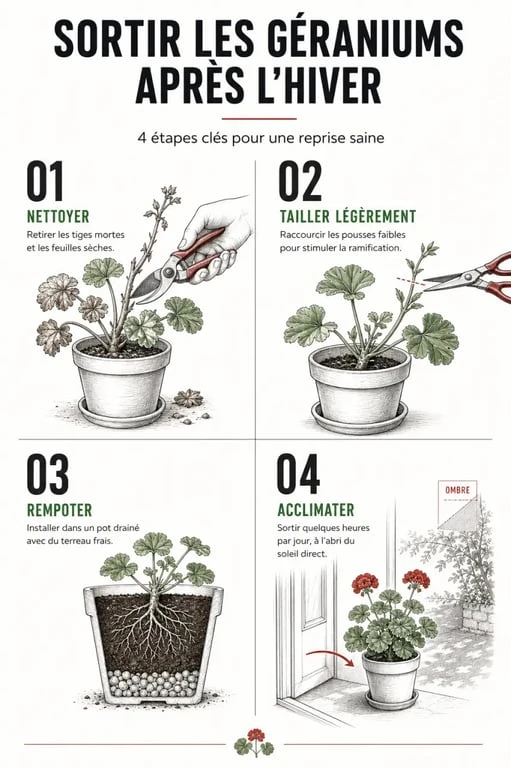 Infographie des étapes pour sortir les géraniums après l'hivernage : nettoyage, taille, rempotage et acclimatation.