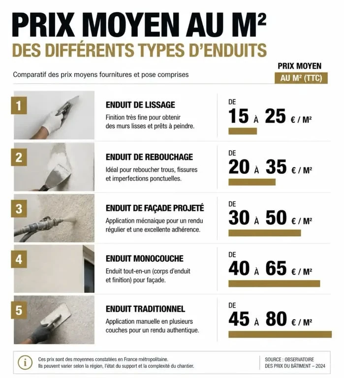 Infographie comparative des prix au m2 pour divers types d'enduits intérieurs et extérieurs